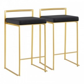 Set of 2 Contemporary Counter Stools in Gold with Black Velvet Cushion Fuji