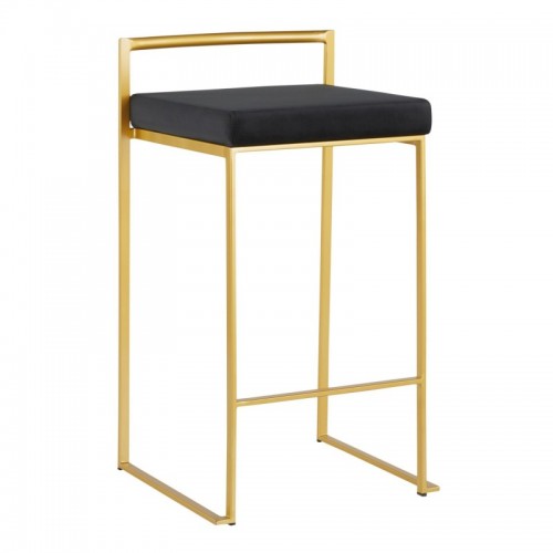 Set of 2 Contemporary Counter Stools in Gold with Black Velvet Cushion Fuji