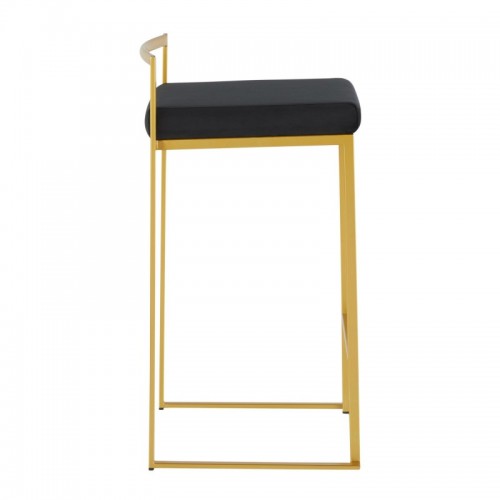 Set of 2 Contemporary Counter Stools in Gold with Black Velvet Cushion Fuji