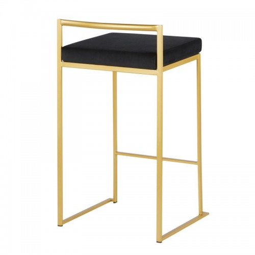 Set of 2 Contemporary Counter Stools in Gold with Black Velvet Cushion Fuji