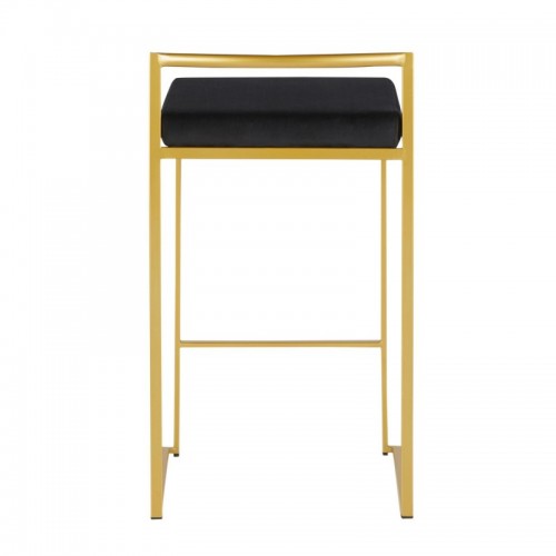 Set of 2 Contemporary Counter Stools in Gold with Black Velvet Cushion Fuji