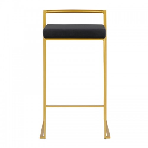 Set of 2 Contemporary Counter Stools in Gold with Black Velvet Cushion Fuji