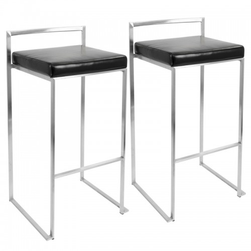 Set of 2 Contemporary Stackable Bar stools with Black Faux Leather Fuji