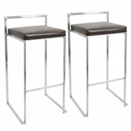 Set of 2 Contemporary Stackable Bar stools with Brown Faux Leather Fuji