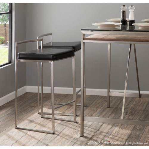 Set of 2 Contemporary Stackable Counter Stools in Black Faux Leather Fuji