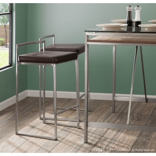 Set of 2 Contemporary Stackable Counter Stools in Brown Faux Leather Fuji
