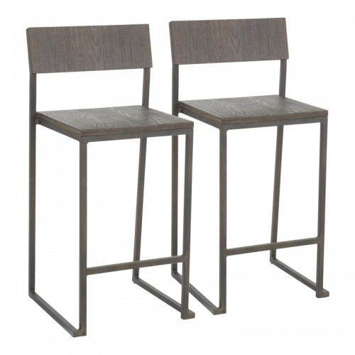 Set of 2 Industrial Counter Stools in Antique Metal and Espresso WoodPressed Grain Bamboo Fuji