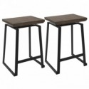Set of 2 Industrial Counter Stools in Black with Brown Wood Seat Geo