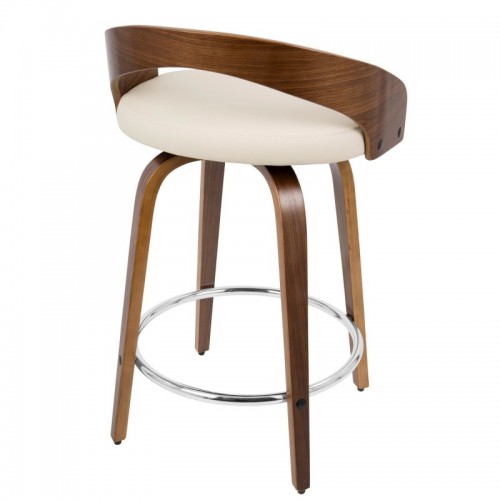 Set of 2 Mid-Century Modern Counter Stools with Swivel in Walnut with Cream Faux Leather Grotto