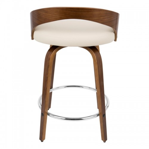 Set of 2 Mid-Century Modern Counter Stools with Swivel in Walnut with Cream Faux Leather Grotto