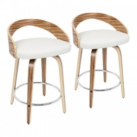 Set of 2 Mid-Century Modern Counter Stools with Swivel in Zebra Wood and White Faux Leather Grotto