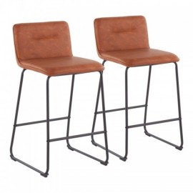 Set of 2 Contemporary Counter Stools in Black Metal and Camel Faux Leather Casper