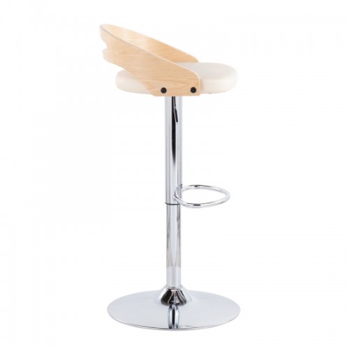 Mid-Century Modern Adjustable Bar stool with Swivel in Natural Wood and Cream Faux Leather Cassis