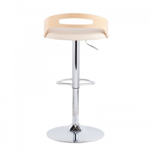 Mid-Century Modern Adjustable Bar stool with Swivel in Natural Wood and Cream Faux Leather Cassis