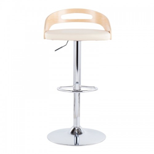 Mid-Century Modern Adjustable Bar stool with Swivel in Natural Wood and Cream Faux Leather Cassis