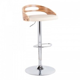 Mid-Century Modern Adjustable Bar stool with Swivel in Zebra Wood and Cream Faux Leather Cassis