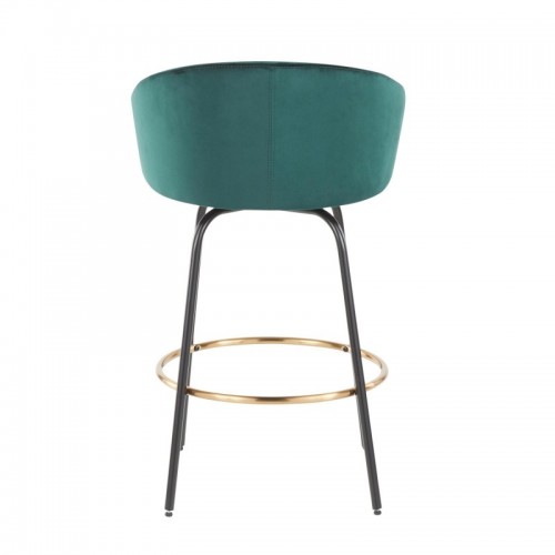 Set of 2 Contemporary-Glam Counter Stools in Black Metal and Emerald Green Velvet with Gold Metal Accent Claire