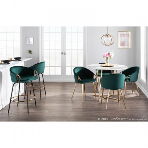 Set of 2 Contemporary-Glam Counter Stools in Black Metal and Emerald Green Velvet with Gold Metal Accent Claire