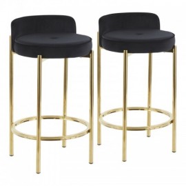 Set of 2 Contemporary Counter Stools in Gold Metal and Black Velvet Chloe