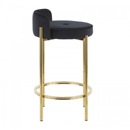 Set of 2 Contemporary Counter Stools in Gold Metal and Black Velvet Chloe