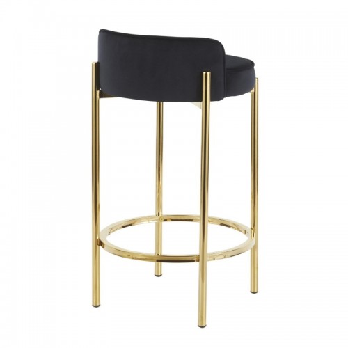 Set of 2 Contemporary Counter Stools in Gold Metal and Black Velvet Chloe