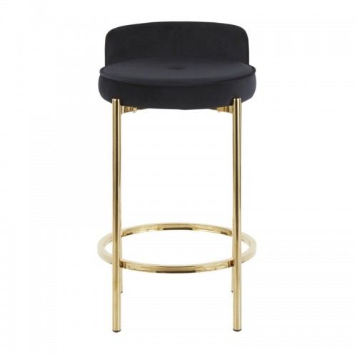 Set of 2 Contemporary Counter Stools in Gold Metal and Black Velvet Chloe