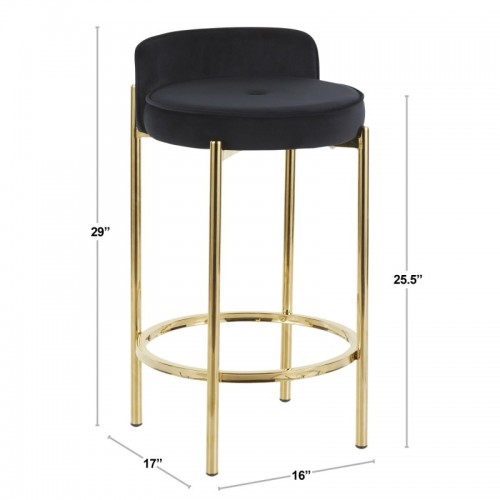 Set of 2 Contemporary Counter Stools in Gold Metal and Black Velvet Chloe