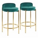 Set of 2 Contemporary Counter Stools in Gold Metal and Green Velvet Chloe