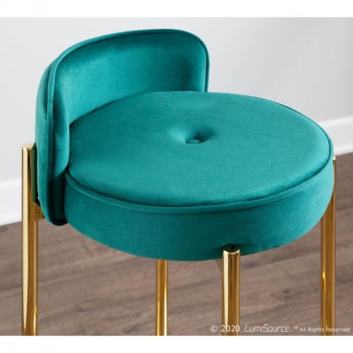 Set of 2 Contemporary Counter Stools in Gold Metal and Green Velvet Chloe