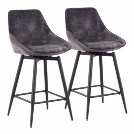 Set of 2 Contemporary Counter Stools in Black Steel and Grey Velvet Diana