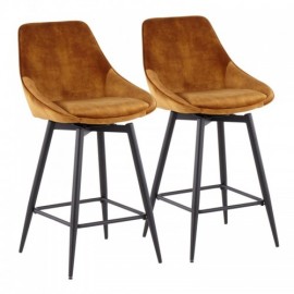Set of 2 Contemporary Counter Stools in Black Steel and Golden Yellow Velvet Diana