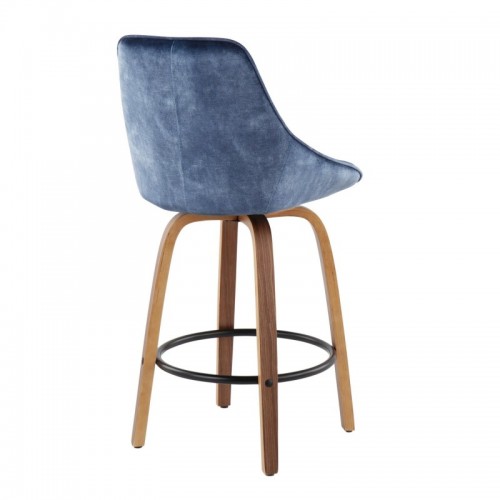Set of 2 Contemporary Counter Stools in Walnut Wood and Blue Velvet with Black Round Footrest Diana
