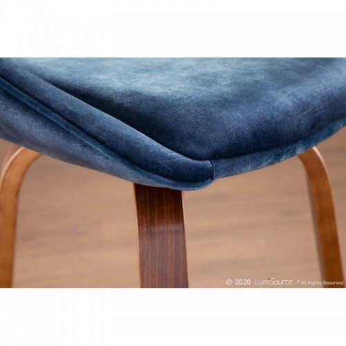 Set of 2 Contemporary Counter Stools in Walnut Wood and Blue Velvet with Black Round Footrest Diana