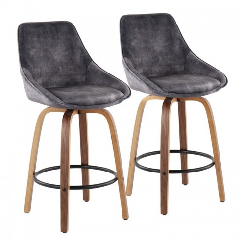 Set of 2 Contemporary Counter Stools in Walnut Wood and Grey Velvet with Black Round Footrest Diana