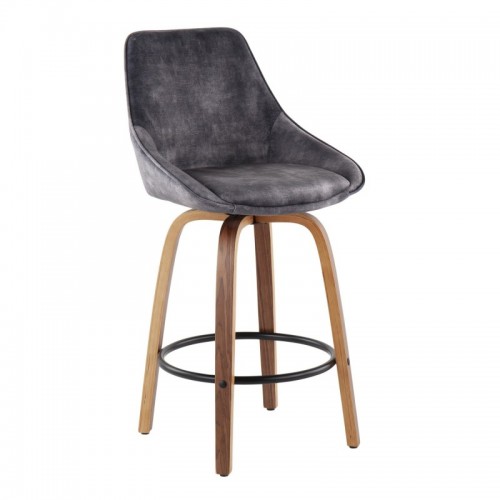 Set of 2 Contemporary Counter Stools in Walnut Wood and Grey Velvet with Black Round Footrest Diana