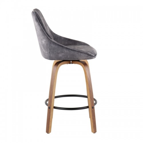 Set of 2 Contemporary Counter Stools in Walnut Wood and Grey Velvet with Black Round Footrest Diana