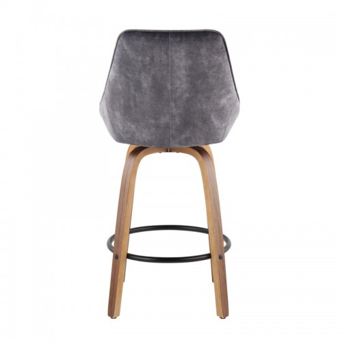 Set of 2 Contemporary Counter Stools in Walnut Wood and Grey Velvet with Black Round Footrest Diana