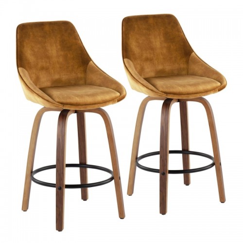 Set of 2 Contemporary Counter Stools in Walnut Wood and Golden Yellow Velvet with Black Round Footrest Diana