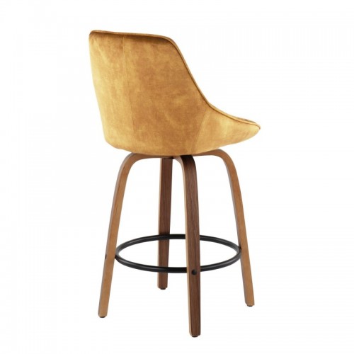 Set of 2 Contemporary Counter Stools in Walnut Wood and Golden Yellow Velvet with Black Round Footrest Diana