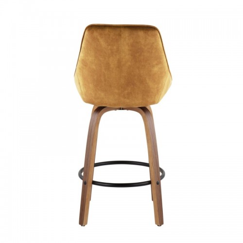 Set of 2 Contemporary Counter Stools in Walnut Wood and Golden Yellow Velvet with Black Round Footrest Diana