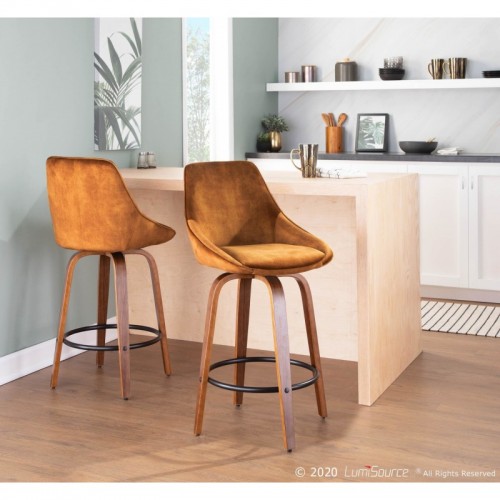 Set of 2 Contemporary Counter Stools in Walnut Wood and Golden Yellow Velvet with Black Round Footrest Diana