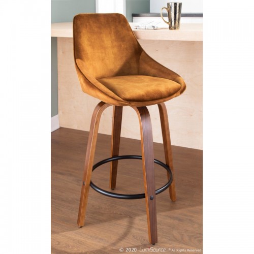 Set of 2 Contemporary Counter Stools in Walnut Wood and Golden Yellow Velvet with Black Round Footrest Diana