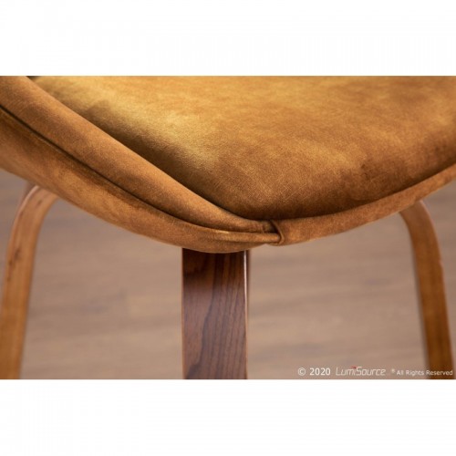 Set of 2 Contemporary Counter Stools in Walnut Wood and Golden Yellow Velvet with Black Round Footrest Diana