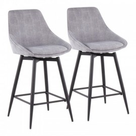 Set of 2 Contemporary Counter Stools in Black Steel and Grey Corduroy Diana