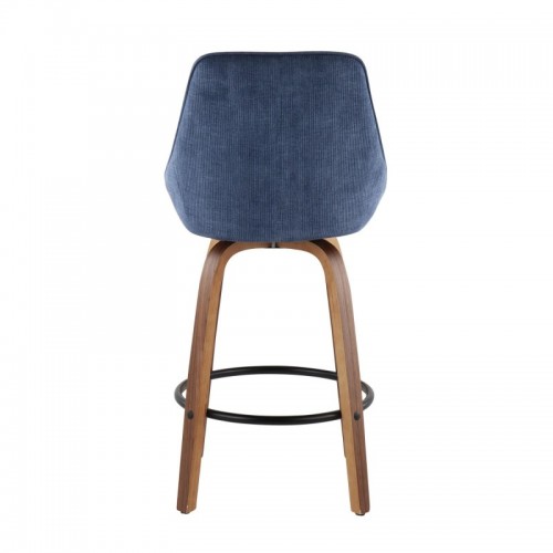 Set of 2 Contemporary Counter Stools in Walnut Wood and Blue Corduroy with Black Round Footrest Diana