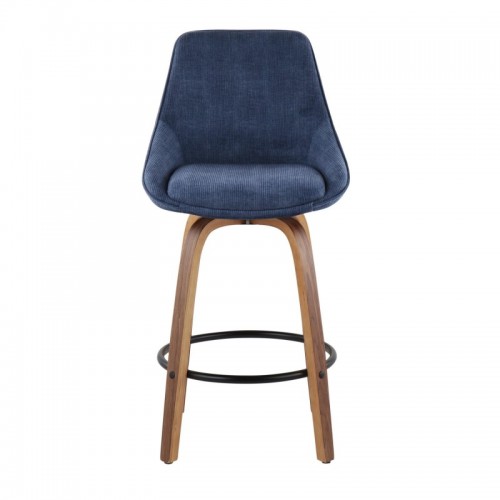 Set of 2 Contemporary Counter Stools in Walnut Wood and Blue Corduroy with Black Round Footrest Diana