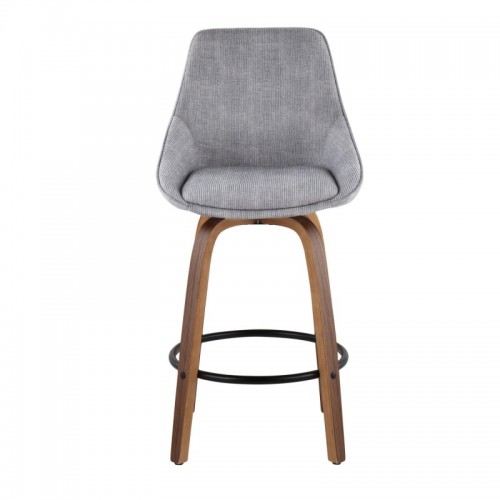 Set of 2 Contemporary Counter Stools in Walnut Wood and Grey Corduroy with Black Round Footrest Diana