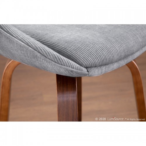 Set of 2 Contemporary Counter Stools in Walnut Wood and Grey Corduroy with Black Round Footrest Diana