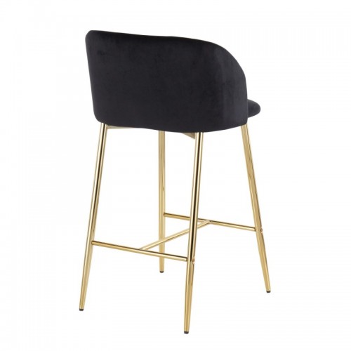 Set of 2 Contemporary Counter Stools in Gold Steel and Black Velvet Fran