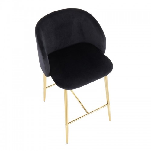 Set of 2 Contemporary Counter Stools in Gold Steel and Black Velvet Fran